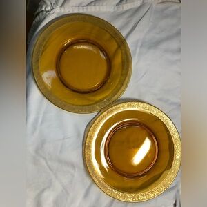 8 2/20” Tiffin Franciscan Amber Glass Gold Trimmed Clear Glass Plates Set of 2